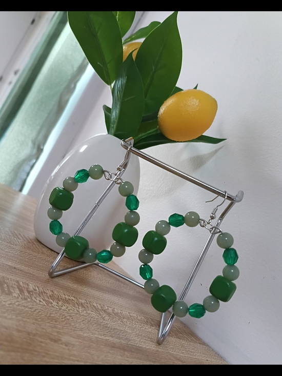Jewelry - Handmade Green Beaded Hoop Earrings - Women Jewelry